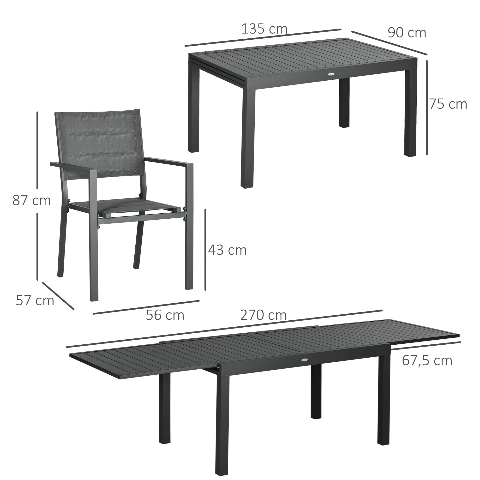 Outsunny Salon de Jardin Exterieur 8 Personnes Table de Jardin Extensible 135-270 cm pour 6-8 Personnes en Aluminium et textilène - 8 chaises empilables - Gris
