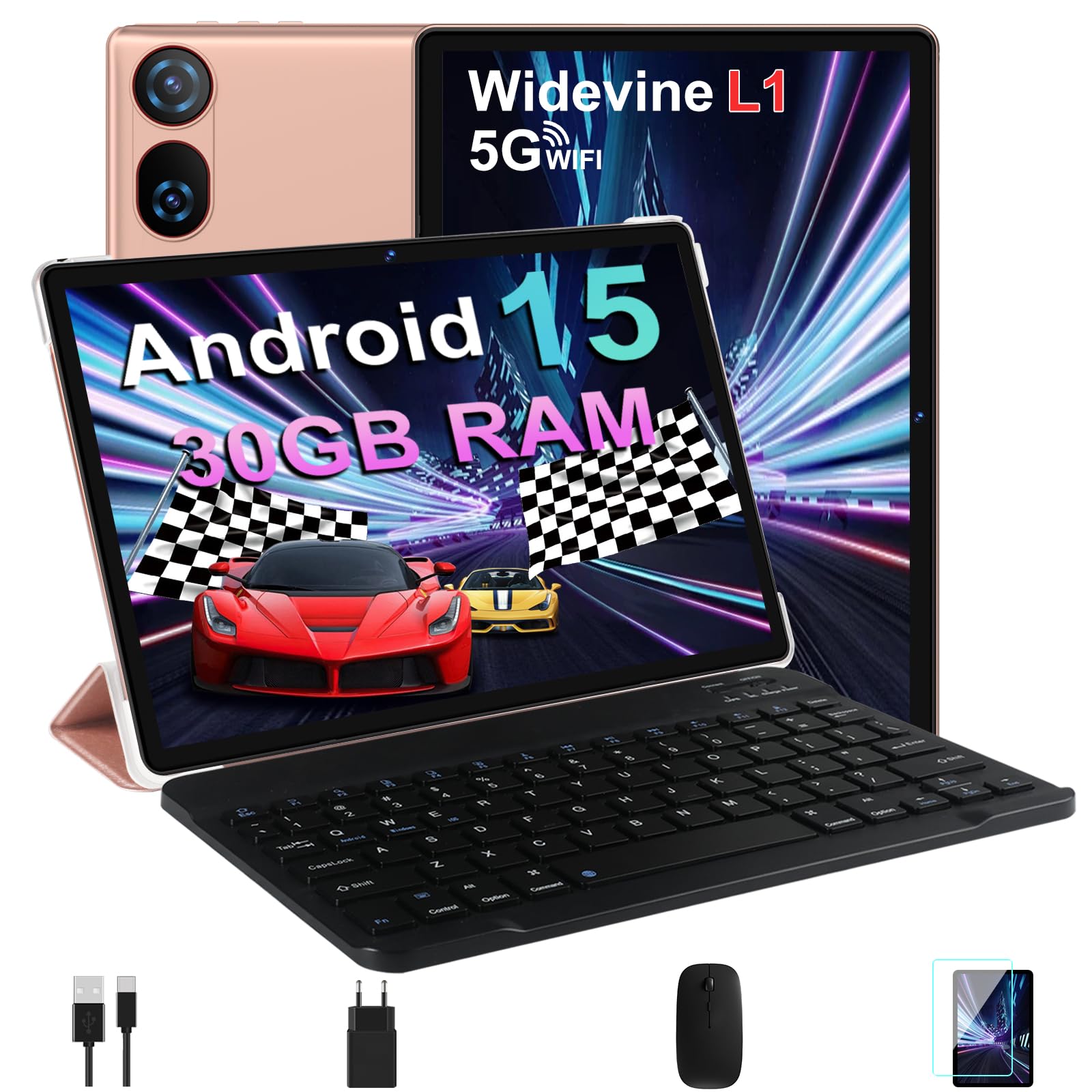 DMOAO Tablet 10 Pollici Android 15 con 30 GB RAM + 64 GB ROM(2TB Espansione), FHD Tablet con Tastiera e Mouse, 5G Wi-Fi, GPS, Widevine L1, Octa-Core, USB-C, BT 5.0, 6000 mAh, 8MP+5MP, Gemini AI, Oro