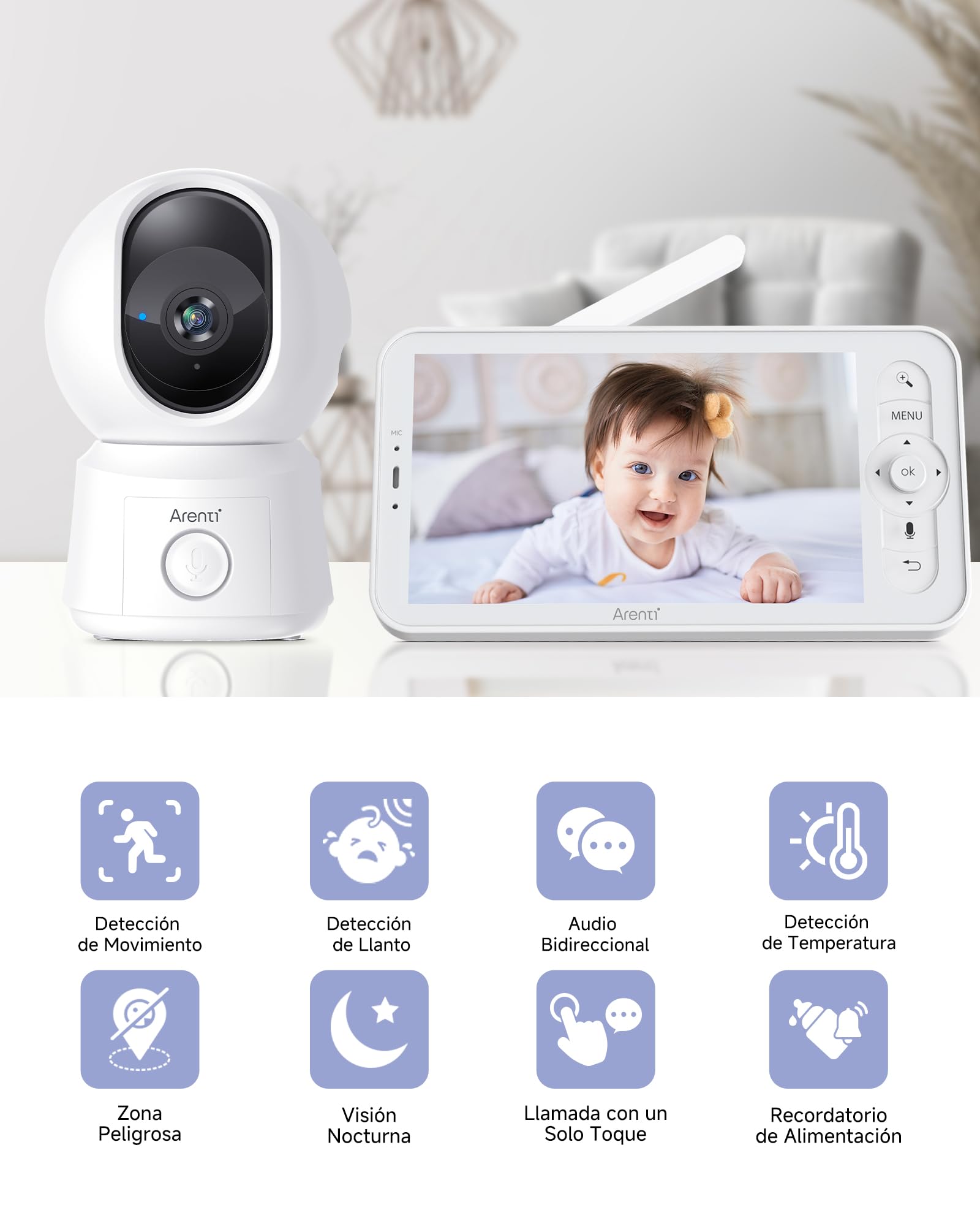 ARENTI Vigilabebes con 2 Camaras con Pantalla de 5'', 1080P Camara Vigilancia Bebe, Audio Bidireccional, Detección de Movimiento y Sonido, Visión Nocturna, Sensor Temperatura, Modo VOX, Alarma de Área