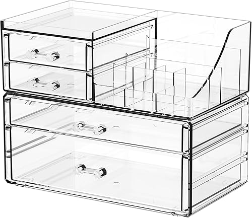 SUOXING Organizador de maquillaje acrílico transparente para tocador, baño, tocador, 4 cajones organizadores de maquillaje para mostrador,