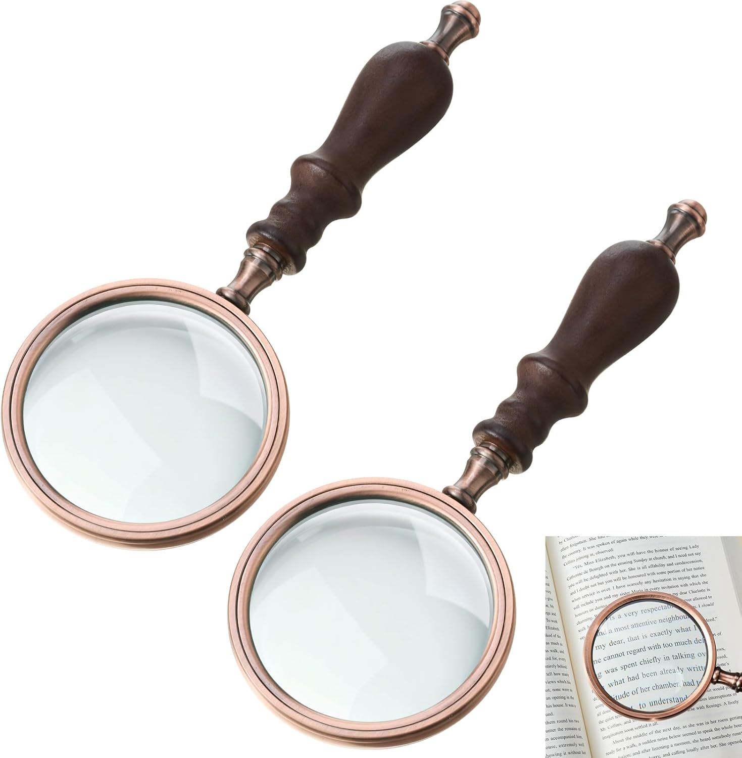 Yunsailing 2 Pack 10x Handheld Magnifying Glass, Vintage Brass Reading Magnifier with Wooden Handle for Seniors, Coin Stamp Jewelry Inspection