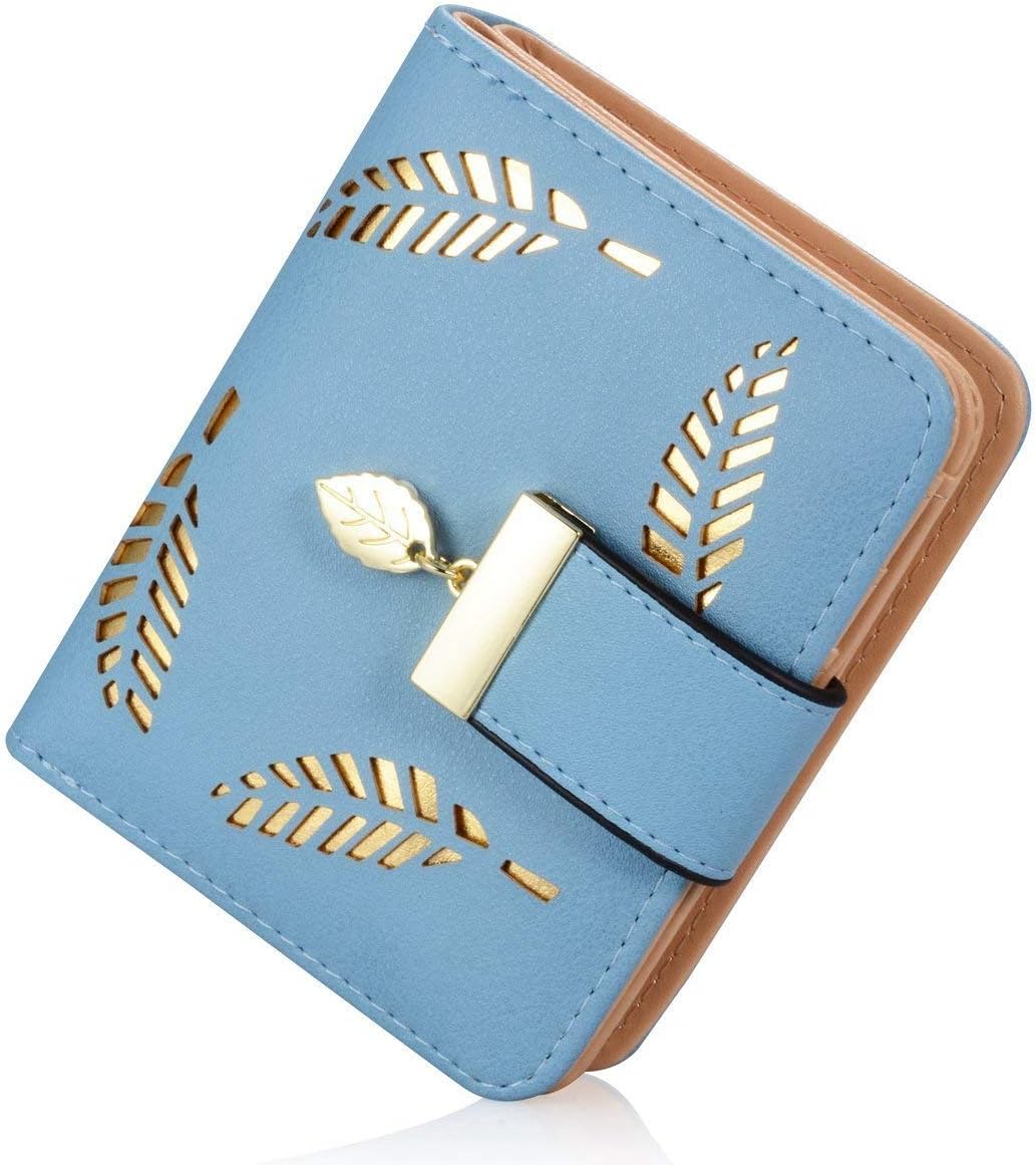 Women's Wallet Hollow Leaf Pattern Bifold Leather Lady Purse Coin Button Clutch Bag (Blue-short)