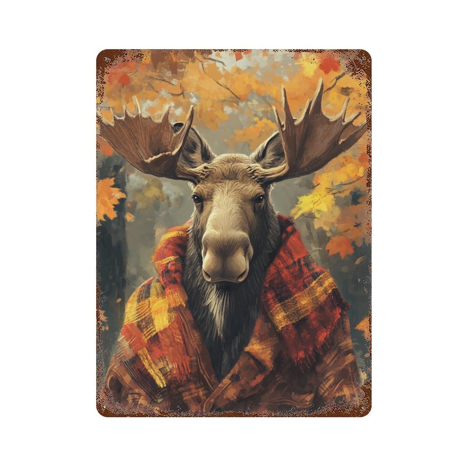 Autumn Moose with Plaid Scarf Rusty Metal Tin Sign 15.7"x11.8", for Pub, Kitchen And Man Cave Decor, Novelty Wall Decor