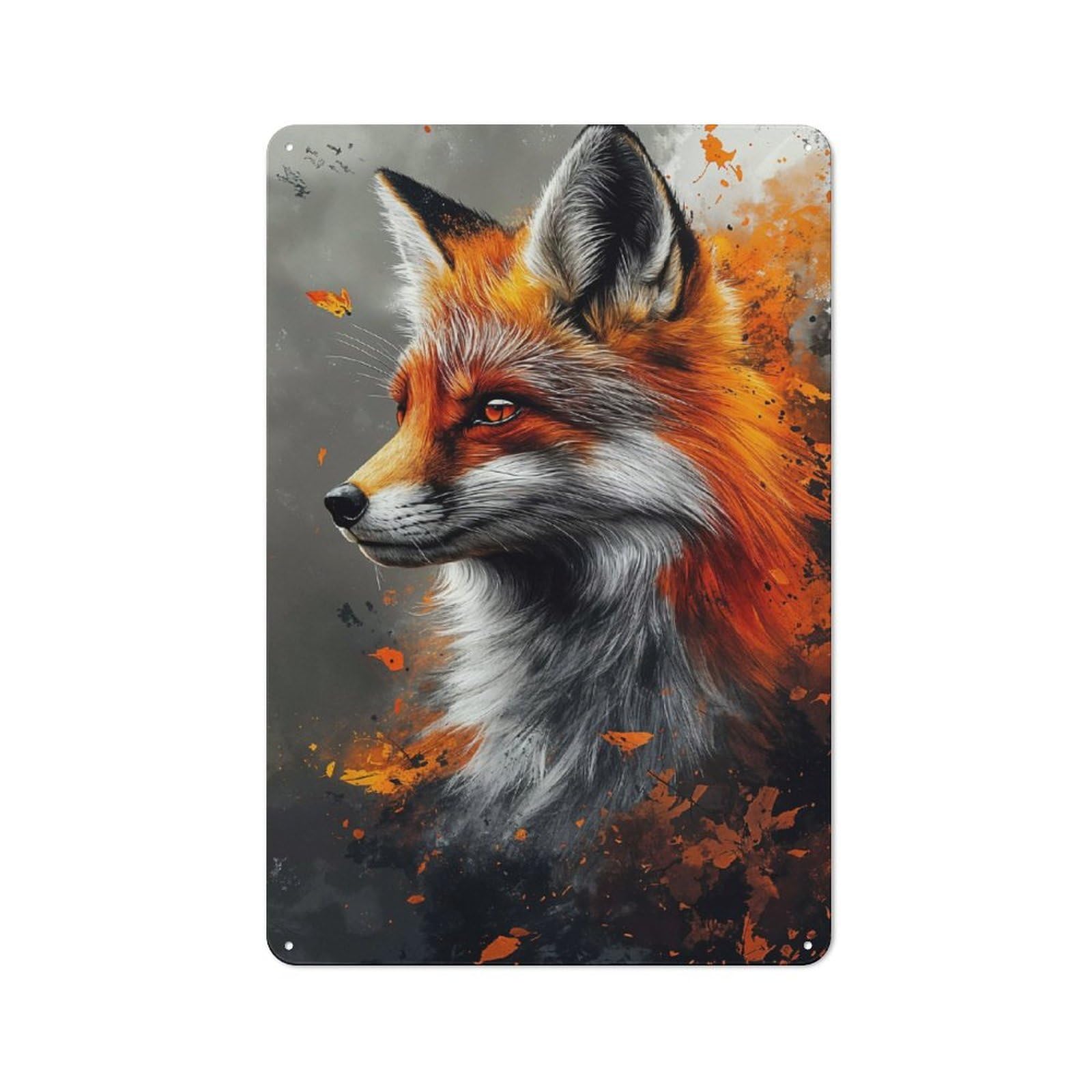 Everyday Fox Portrait with Abstract Orange Splatters Metal Gift Sign 30x20cm, Room Wall Plaque for Home, Shop, Pub Or Studio Wall