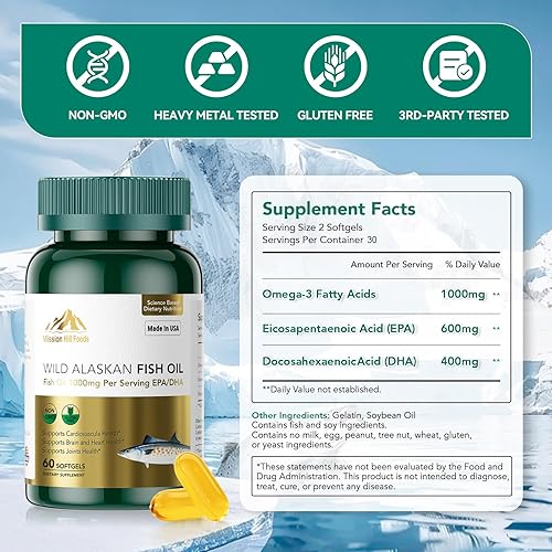 Miniatura 2 de Aceite de pescado salvaje de Alaska Omega-3 (1000 mg)  Apoya la salud del corazón, el cerebro y las articulaciones (1 botella, 60 cápsulas blandas,