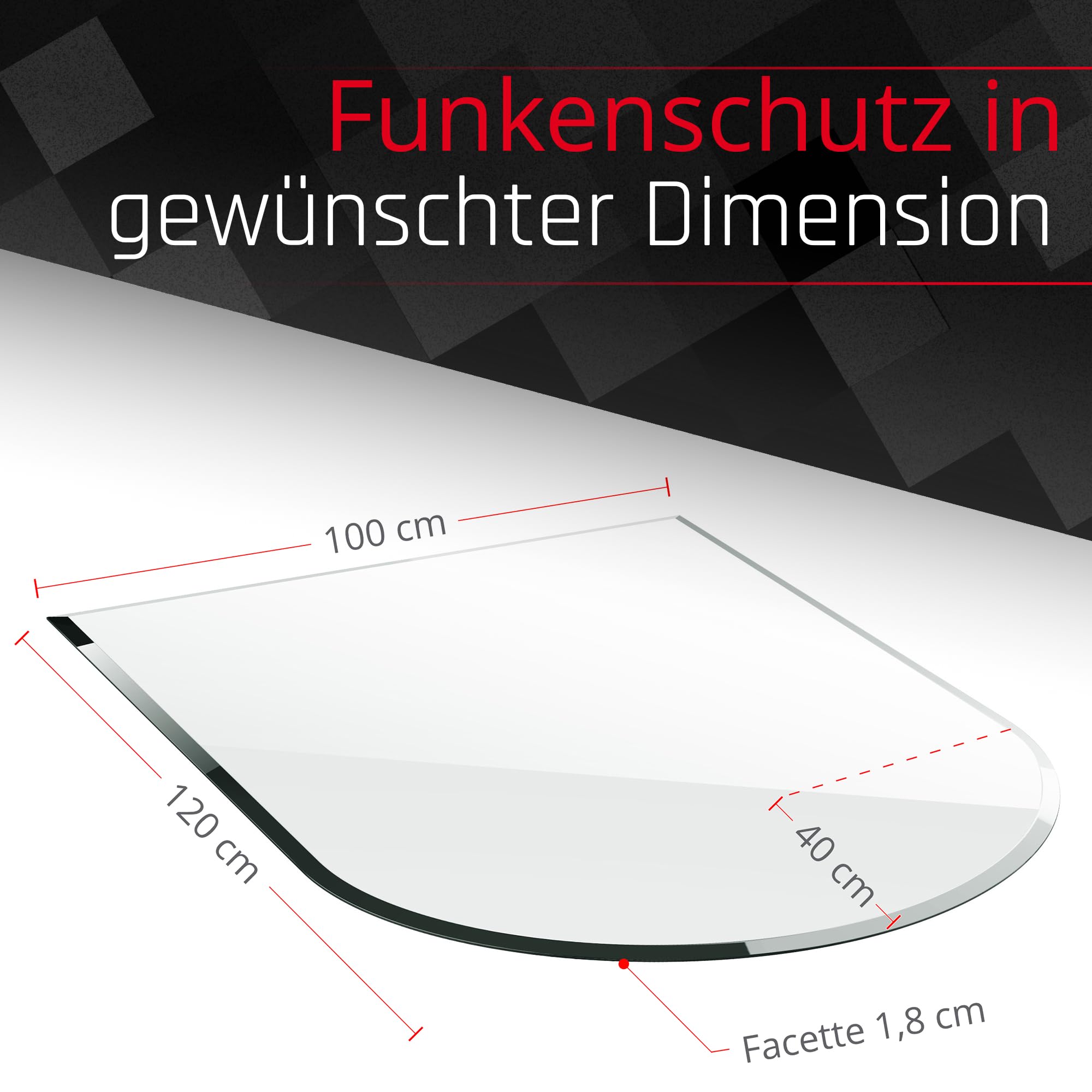 BIJON Glasplatte Rundbogen für Kaminofen mit Dichtlippe, Glasbodenplatte - Funkenschutzplatte Glas mit Facettenschliff, Kamin Hitzeschutz, ESG Sicherheitsglas 120 x 100 cm x 8mm
