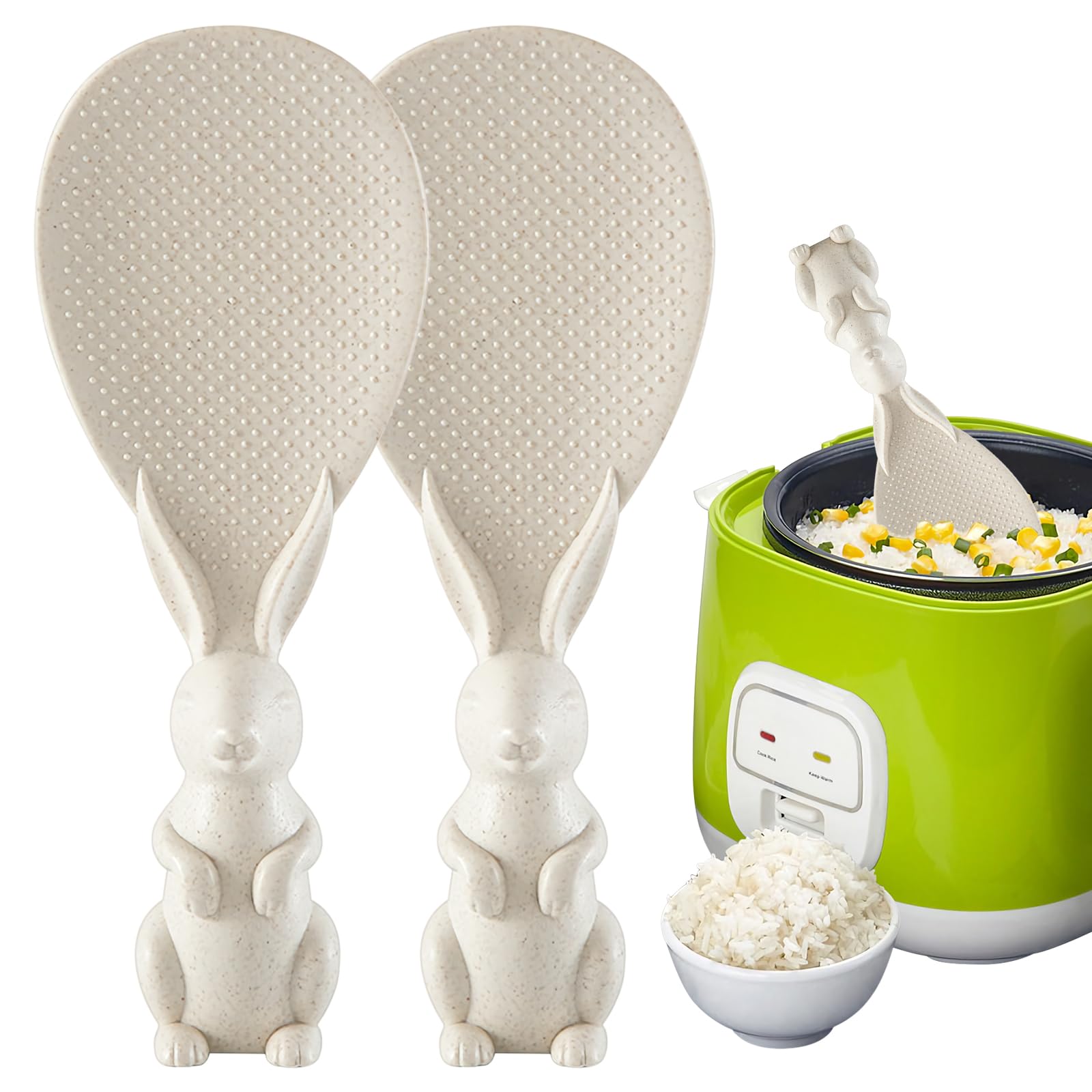3D Bunny Rice Spoon Set - 2 Pack (Beige & Pink) 7.28" Rabbit-Shaped Paddle For Rice Cookers, Heat-Resistant & Easy Clean