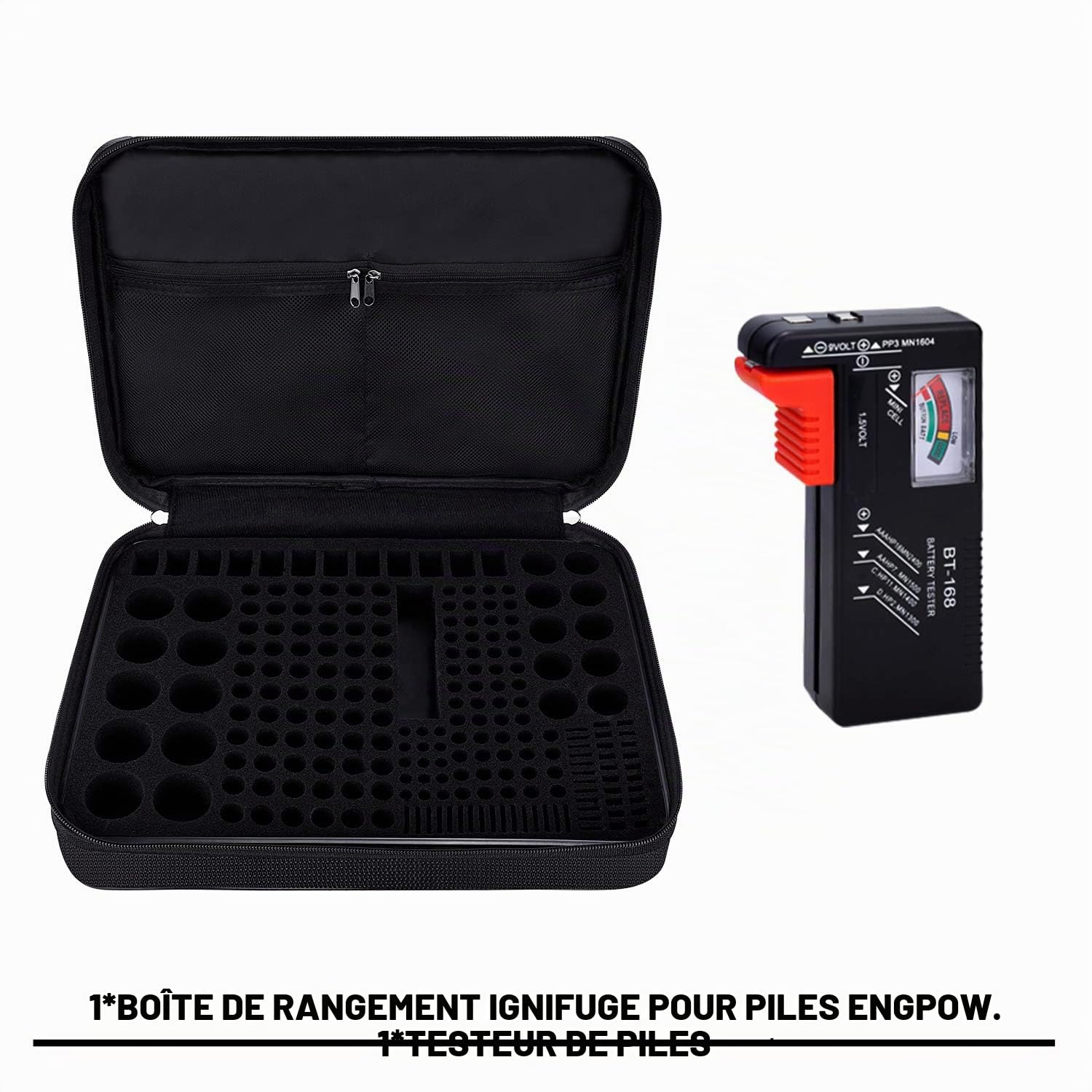 Boîte de rangement pour piles - Résistant au feu - Avec testeur - Peut contenir 216 piles de différentes tailles - Pour AAA, 9 V, C et D - Testeur (sans piles)