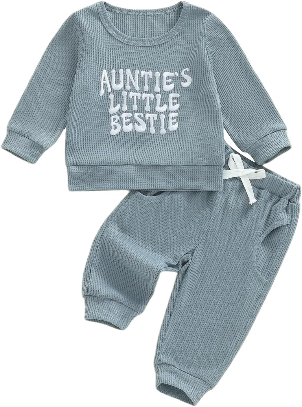 Aunties Bestie Baby Outfit Toddler Boy Long Sleeve Pullover Tops and Waffle Pants Set 2Pcs Infant Fall Winter Clothes
