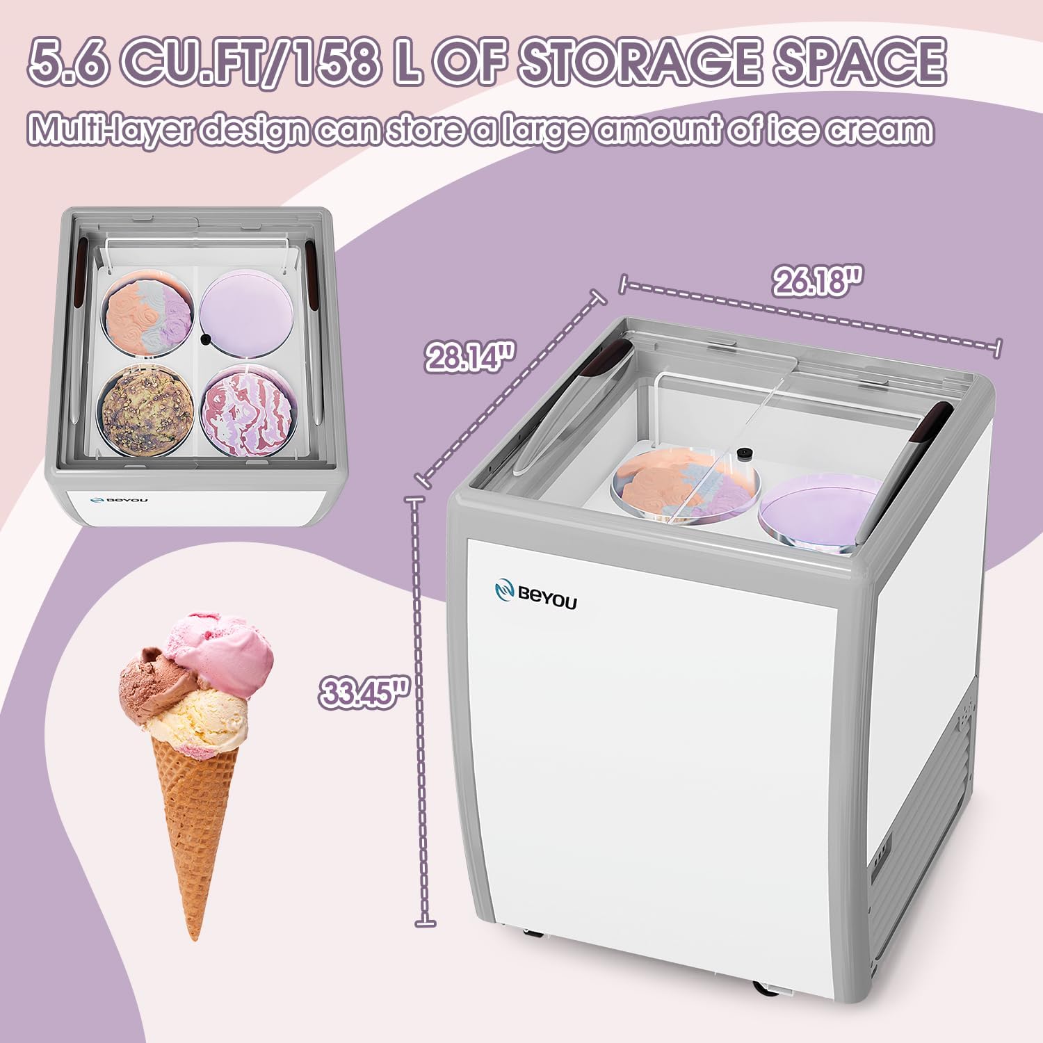 BEYOU Commercial Ice Cream Freezers with Display Glass Top,5.6 Cu.ft Chest Freezer with Ice Cream Tubs Hold,White