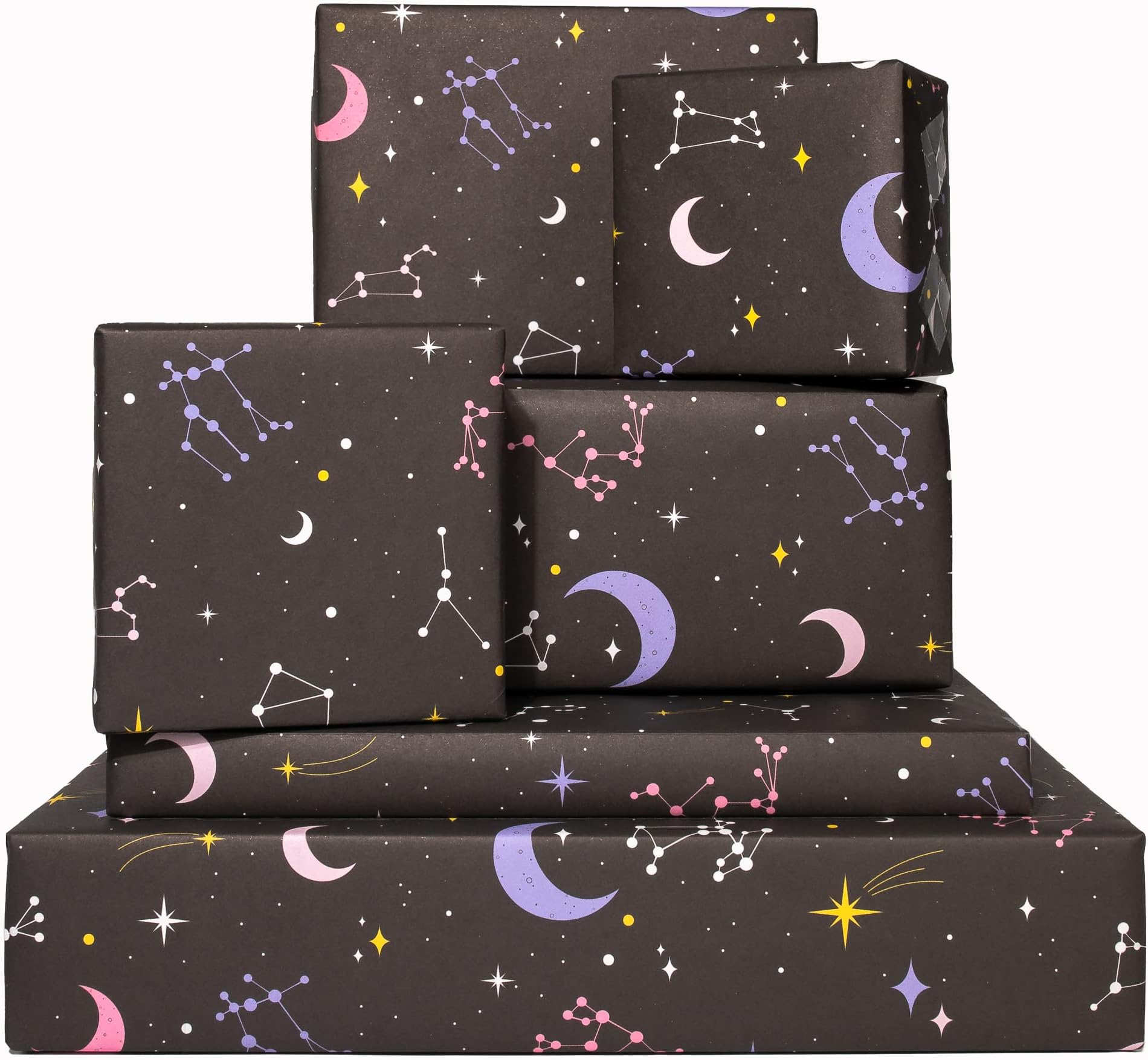 CENTRAL 23 Space Wrapping Paper - 6 Sheets of Black Gift Wrap - Purple Constellations Galaxy Zodiac - Stars Moon Magic - Christmas Birthday Halloween Wraps For Girls Boys Women Men - Recyclable