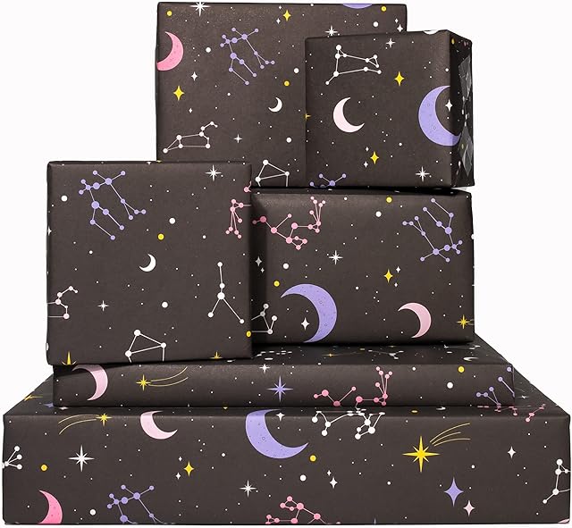 Birthday Wrapping Paper Female - (x6) Sheets of Gothic Gift Wrap - Black - Constellations and Stars - Valentines Day Wrapping Paper For Men Women - Girls - Eco Friendly - Recyclable - By Central 23