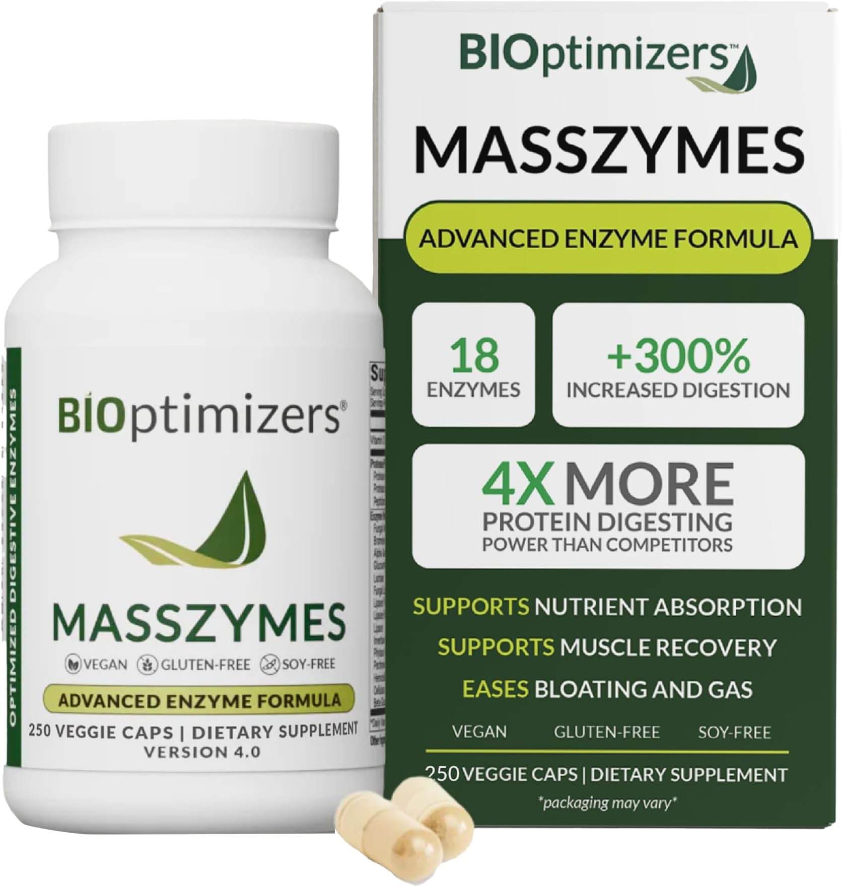 BiOptimizers MassZymes, Advanced Enzyme Formula Dietary Supplement, Supports Gut health, Boosts Focus & Energy, 250 Veggie Caps