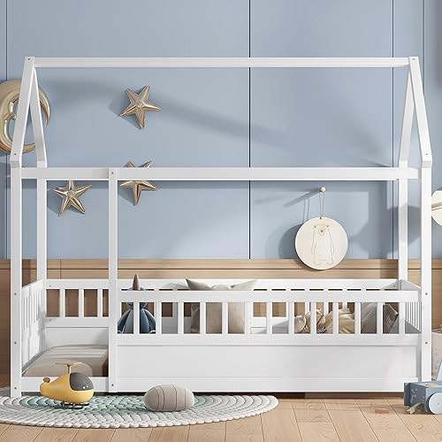 Miniatura 79 de Bellemave Cama Montessori de madera con valla y techo para niños, marco de cama individual para niños, niñas (individual, blanco)