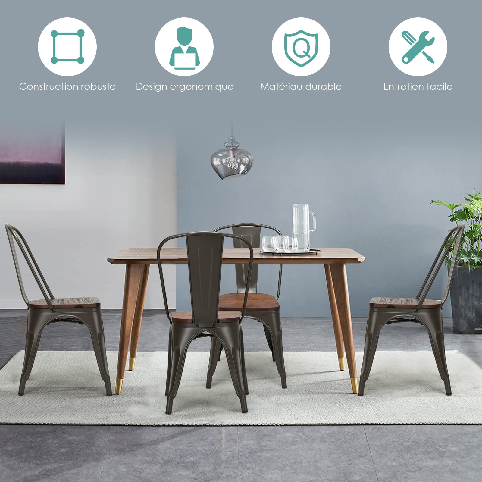 GOPLUS Lot de 4 Chaises en Métal Salle à Manger, Chaises avec Assise de Style Industriel, Vintage en Bois Massif, Tabouret Empilable avec Dossier pour Jardin Balcon (Vintage)