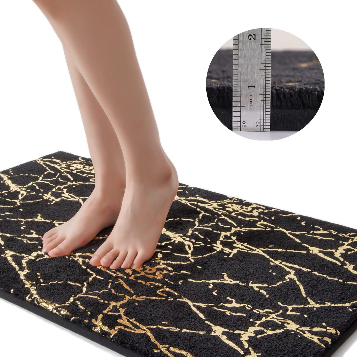 QJHOMO Marble Bathroom Rug Black and Gold Decor Bathroom Rugs Non Slip Bath Mat Super Absorbent Microfiber Plush Bathmat Machine Washable Floor Carpet for Tub, Shower, Bedroom (20x32 inch)