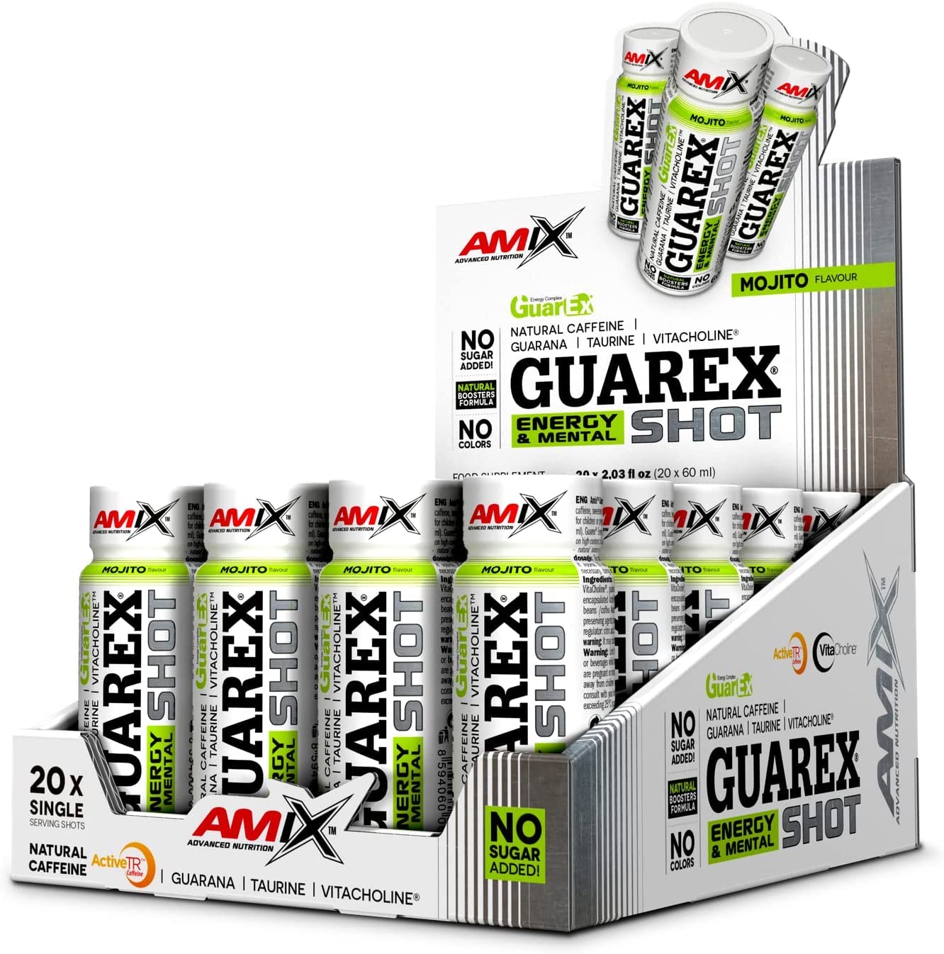 AMIX - Suplemento Deportivo - Guarex Energy & Mental Shot en Formato 20x60 ml - Con Taurina y Colina - Ayuda a Mantener la Energía Física y Mental - Sabor Mojito