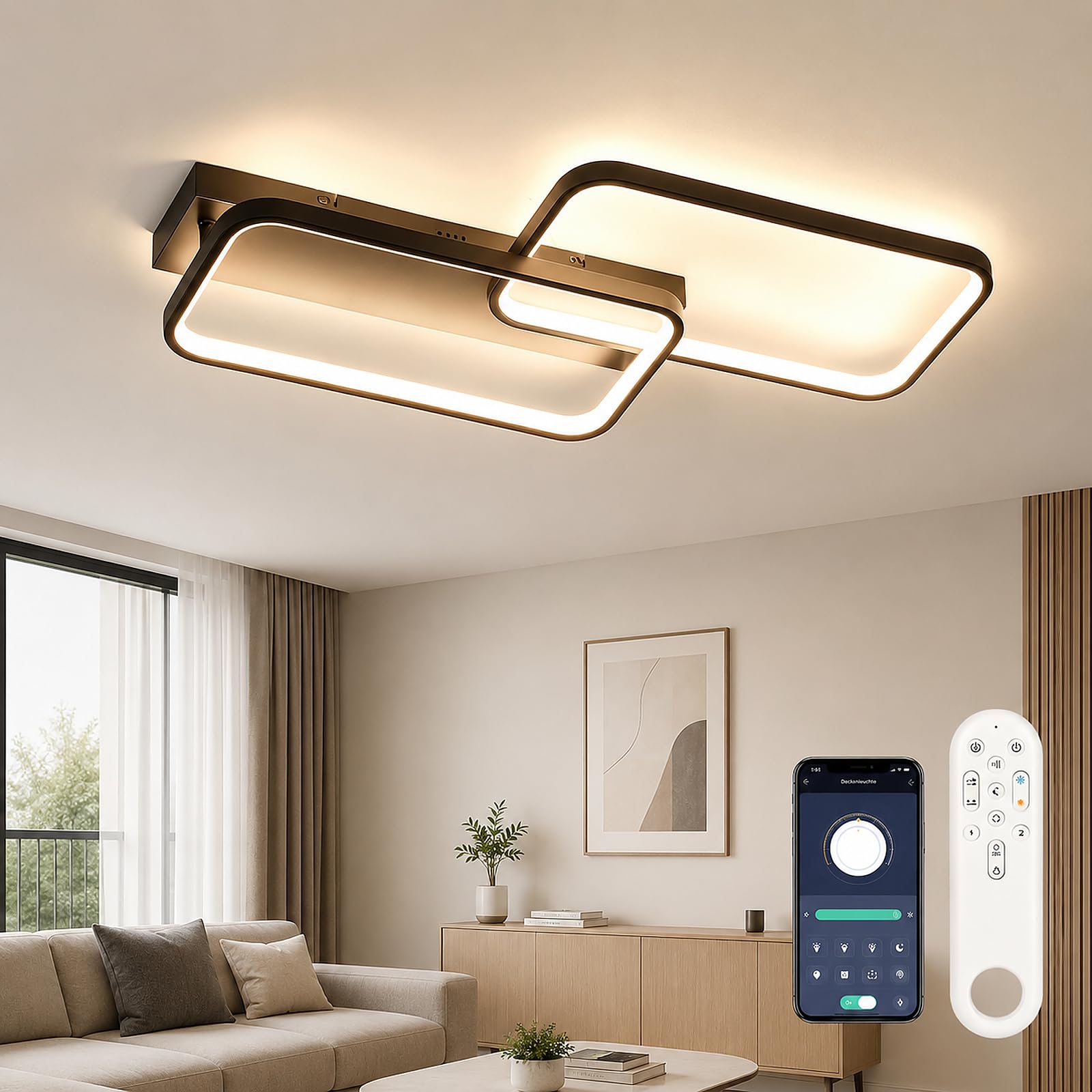 OTREN Lampa sufitowa LED 40 W, 4000 lm, regulowana za pomocą pilota 3000 K, 6500 K, pamięć i blokada, lampka nocna i timer do salonu, sypialni, kuchni, 61 cm, czarna