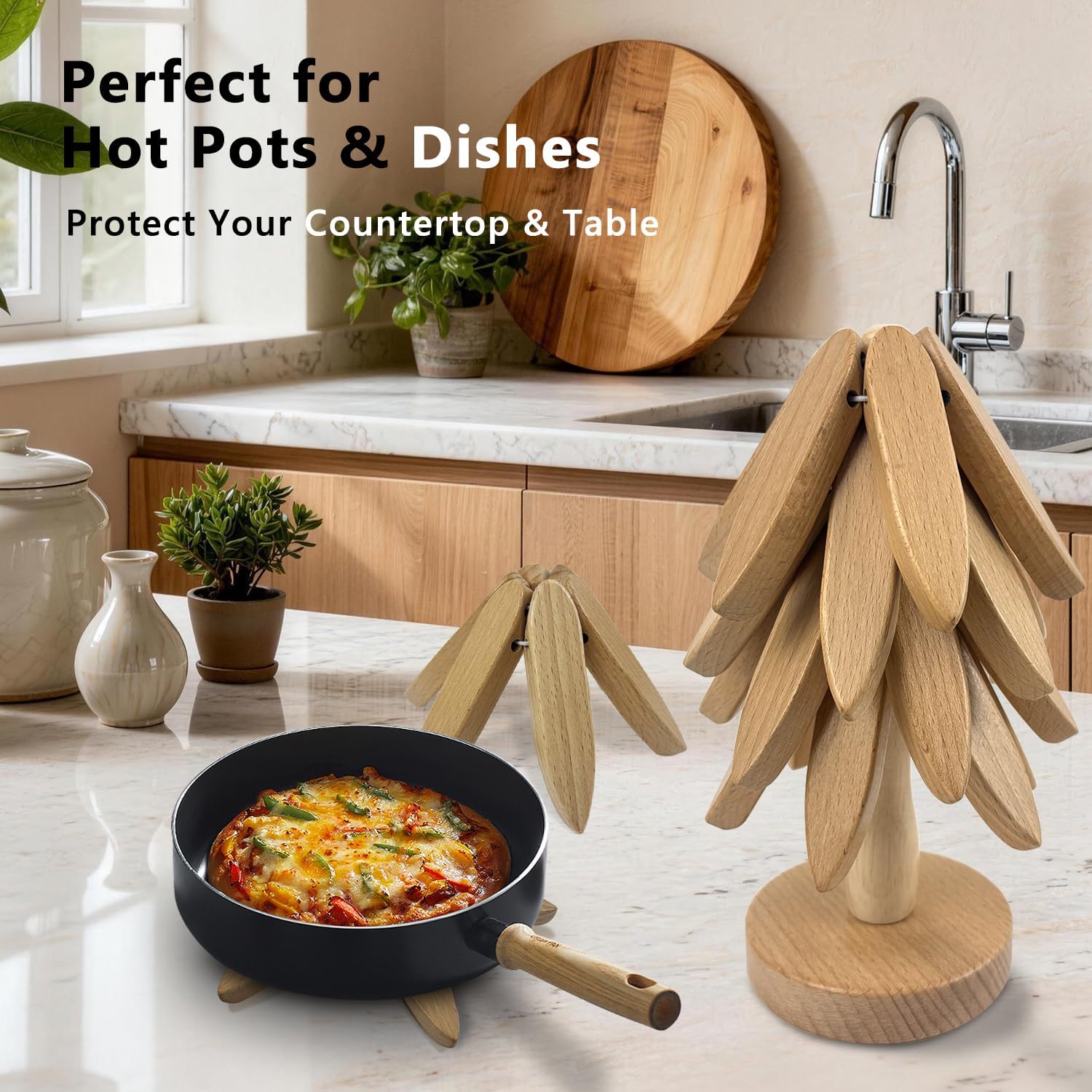 Foldable Wooden Trivets for Hot Dishes Set of 4 with Stand, Magnetic Trivet Design, Natural Beech Wood Foldable Trivet, Heat Resistant Wooden Trivets for Kitchen Counter & Dining Table