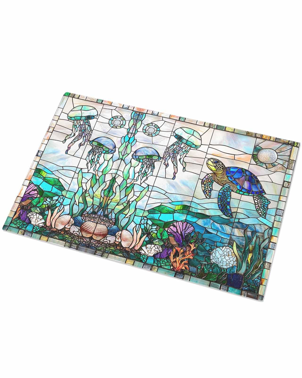 Indoor Doormat Nautical Sea Turtle Jellyfish Coral,Shaggy Floor Mat with Non-Skid Backing Abstract Underwater Creature,Machine Washable Plush Area Rug Carpets for Kitchen Nursery Bedroom