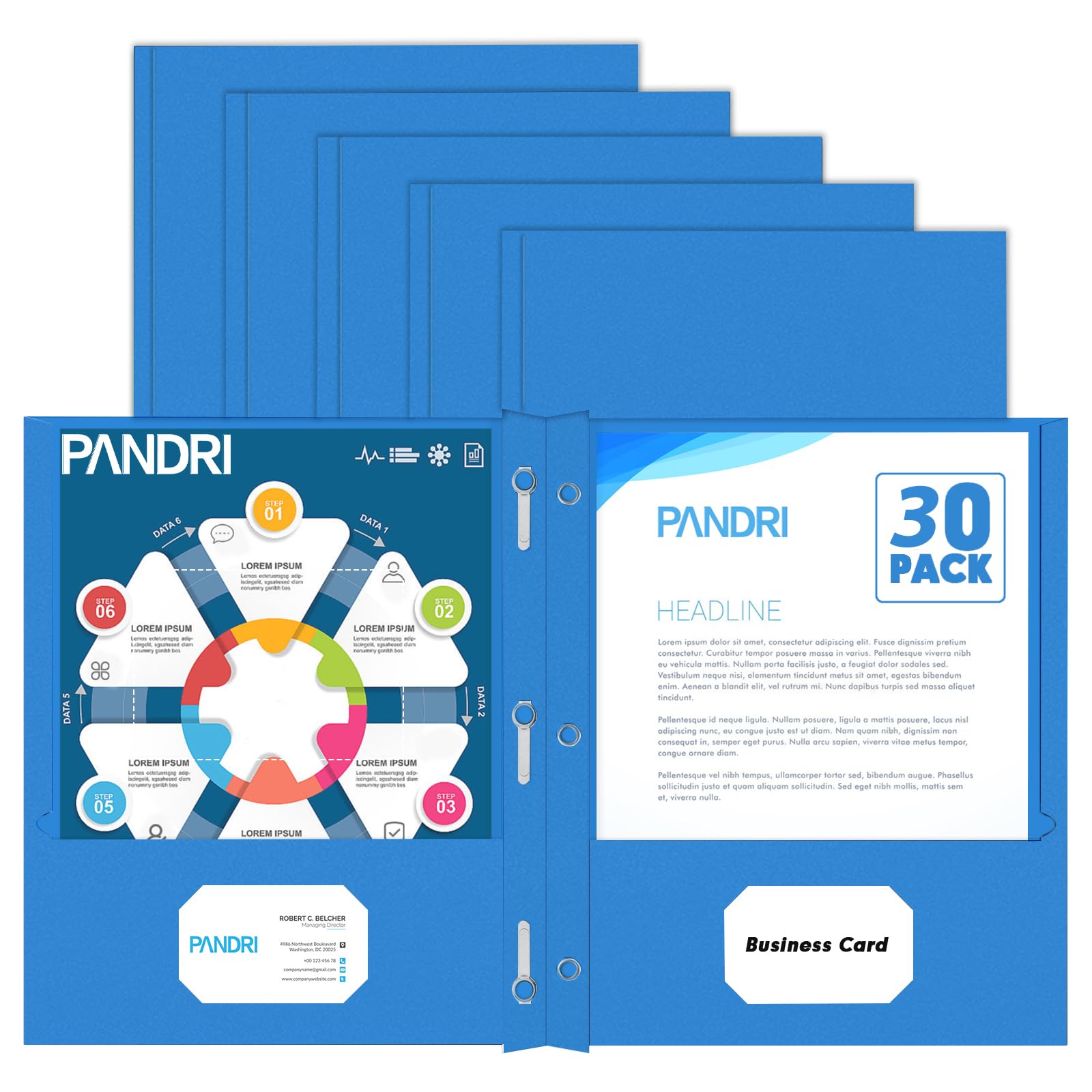 PANDRI Two Pocket Folders, 30 Pack with Prongs, Letter Size, Lightblue