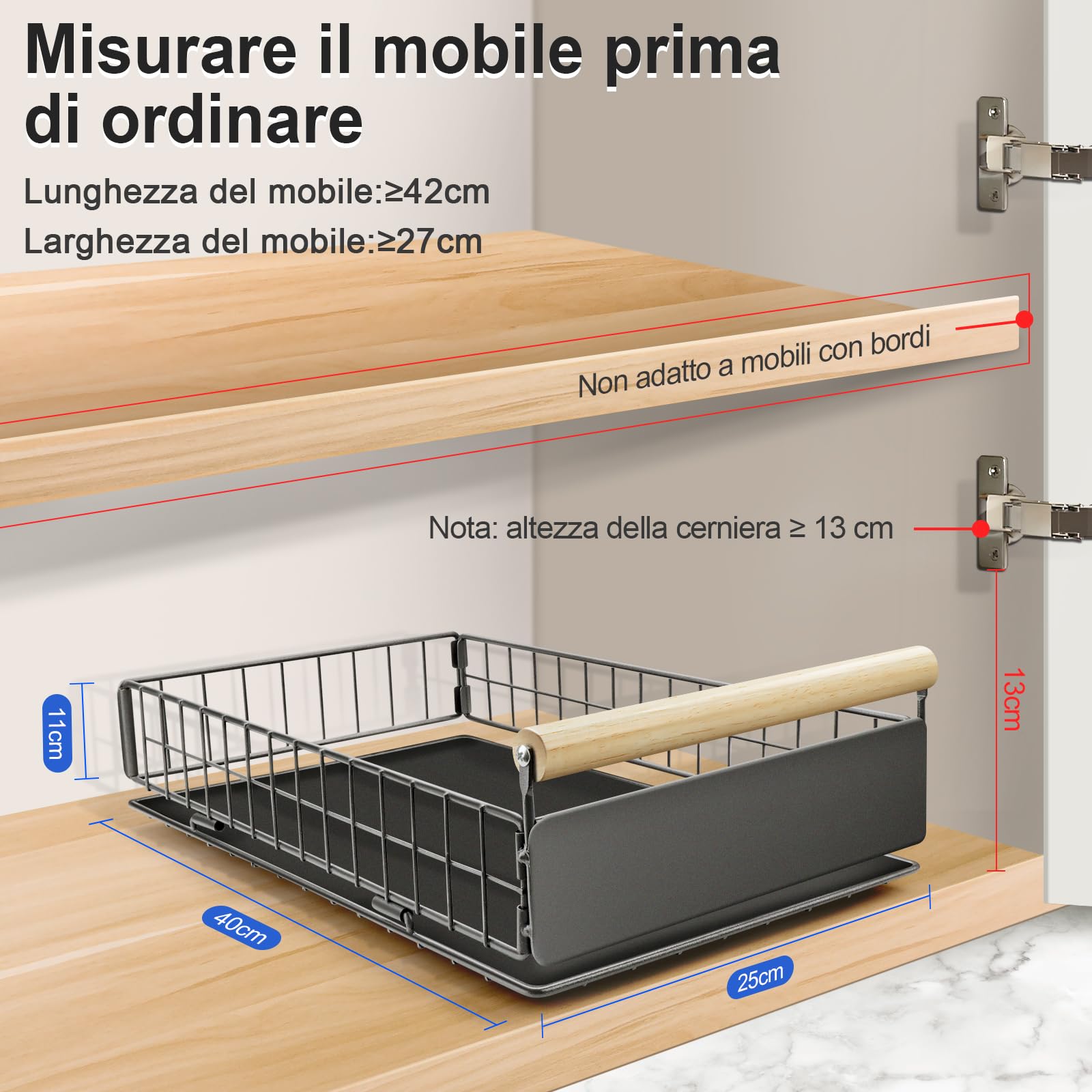 Cassetto Estraibile Cucina, Cestelli Estraibili per Cucina in Acciaio al Carbonio di alta Qualità, Cassetto Telescopico ultra Silenzioso, 40 cm x 23 cm x 11 cm Grigio