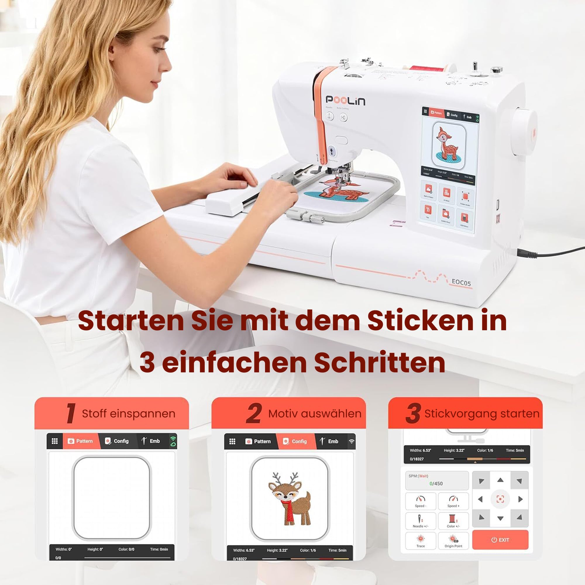 PooLin EOC05 Stickmaschine – Elektronische Stickmaschine – 7″ LCD-Touchscreen, Rahmen 10×10 cm und 10×23,5 cm, USB/Wi-Fi-Motivimport, ideal für Anfänger und Experten