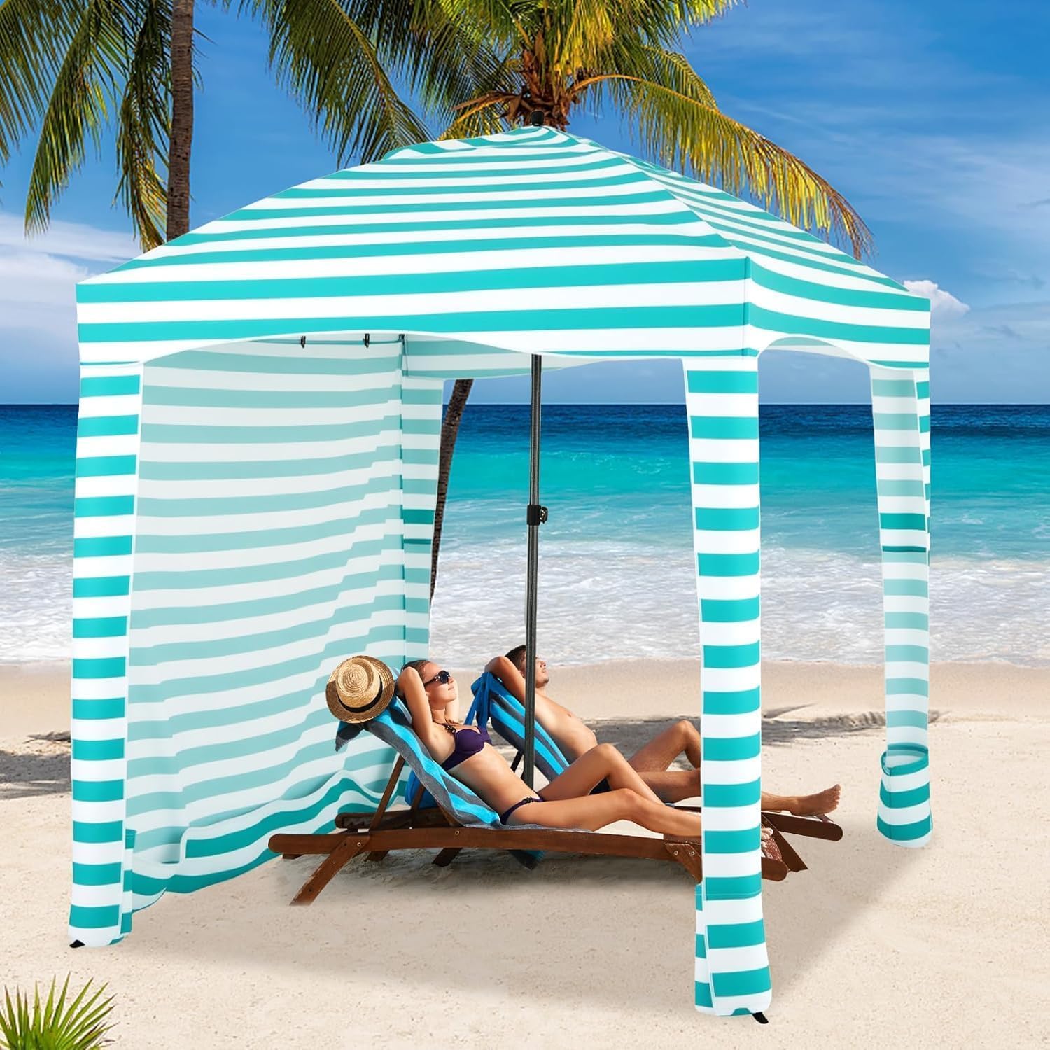 RELAX4LIFE Tienda de Campaña para Playa Plegable 183x183 cm con Altura Ajstable 215-240cm, Toldo con Bolsa, Pared Lateral Desmontable, 8 Bolsas de Arena y Tienda Portátil para Playa/Camping (Turquesa)