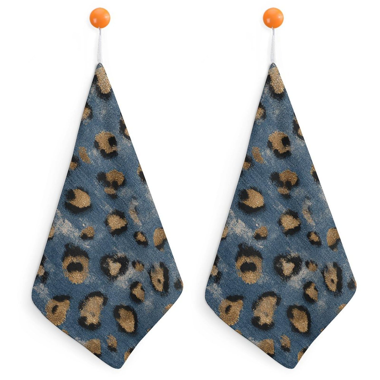 Jubonexis Leopard Spot Print on Distressed Denim Small Hand Towel with Hanging Loop 2 PCS Absorbent Soft Wash Cloth for Kitchen Bathroom
