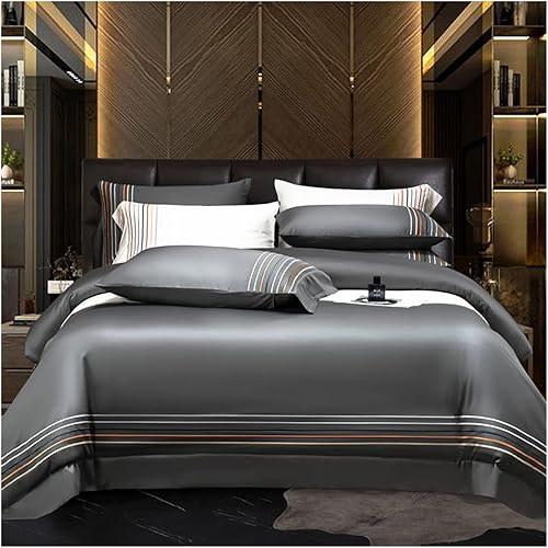 XDSDDS Egyptian Cotton Stripe Embroidery Hotel Duvet Cover Set Bed Sheet Pillowcases Twin Double Queen King Size Color Gray Size Double