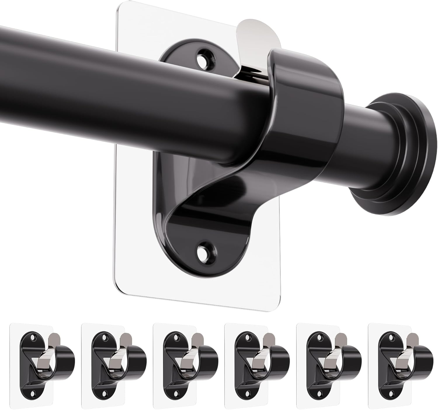 6-Pack No Hole Curtain Rod Brackets Hangers, Self Adhesive Curtain Rod Holders, No Drilling, No Nail Heavy Duty Stick on Rod Hooks (Black)
