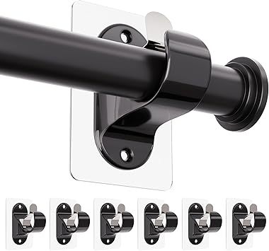 ANDGOO 6 Pack No Drill Curtain Rod Brackets, Renter Friendly Self Adhesive Curtain Rod Holders, Heavy Duty No Drilling Curtain Rod Hooks for Apartment Bedroom Bathroom Dorm Classroom Kitchen Black
