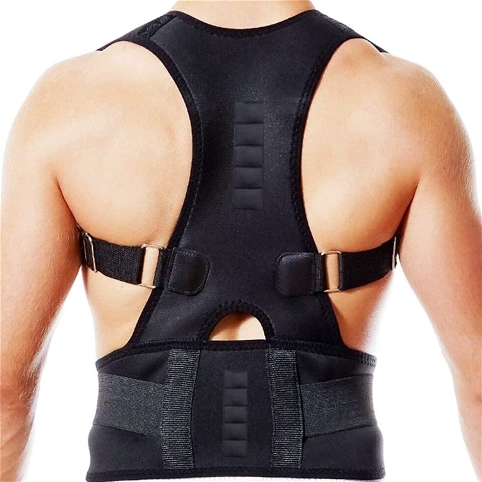 Corrector de Espalda magnético para Hombres y Mujeres Adolescentes, Correas de Soporte Ajustables, cinturón de protección térmica, Faja Lumbar con Terapia magnética, Negro-X
