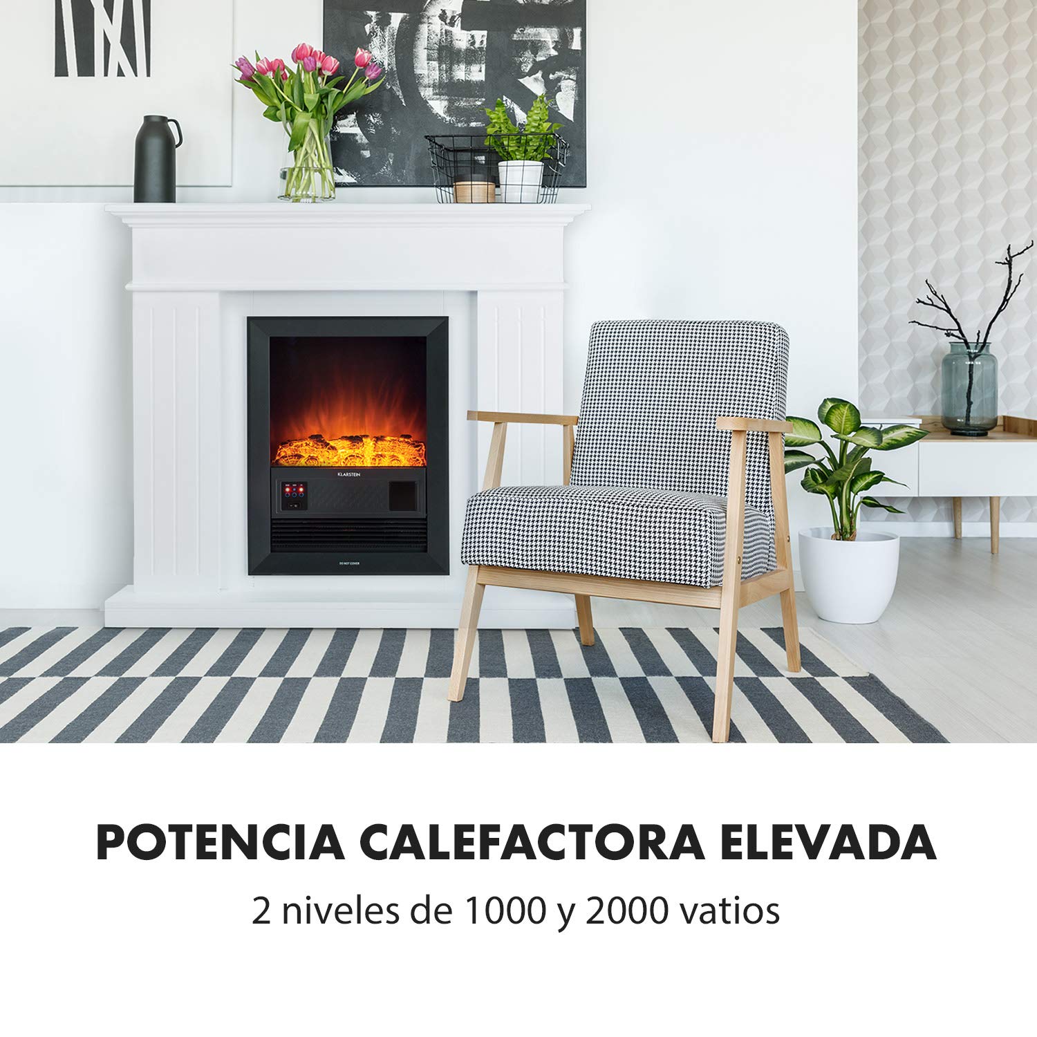 Klarstein Chamonix Chimenea eléctrica Retro Nostalgia con termoventilador (Chimenea de Pared Estrecha 35 cm, 2 Niveles de Calor - 2000W y 1000W, simulación de Llamas) Blanco