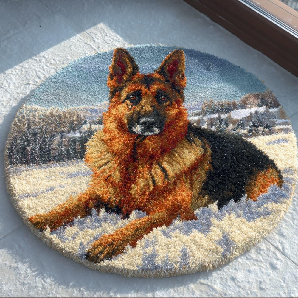 kitphoenix Round DIY Latch Hook Rug Kits German Shepherd 20X20Inch (50X50Cm) Easy for Beginners Round Carpet Crochet Yarn Craft Large Rug Hook and Latch Tapestry for Home Decor