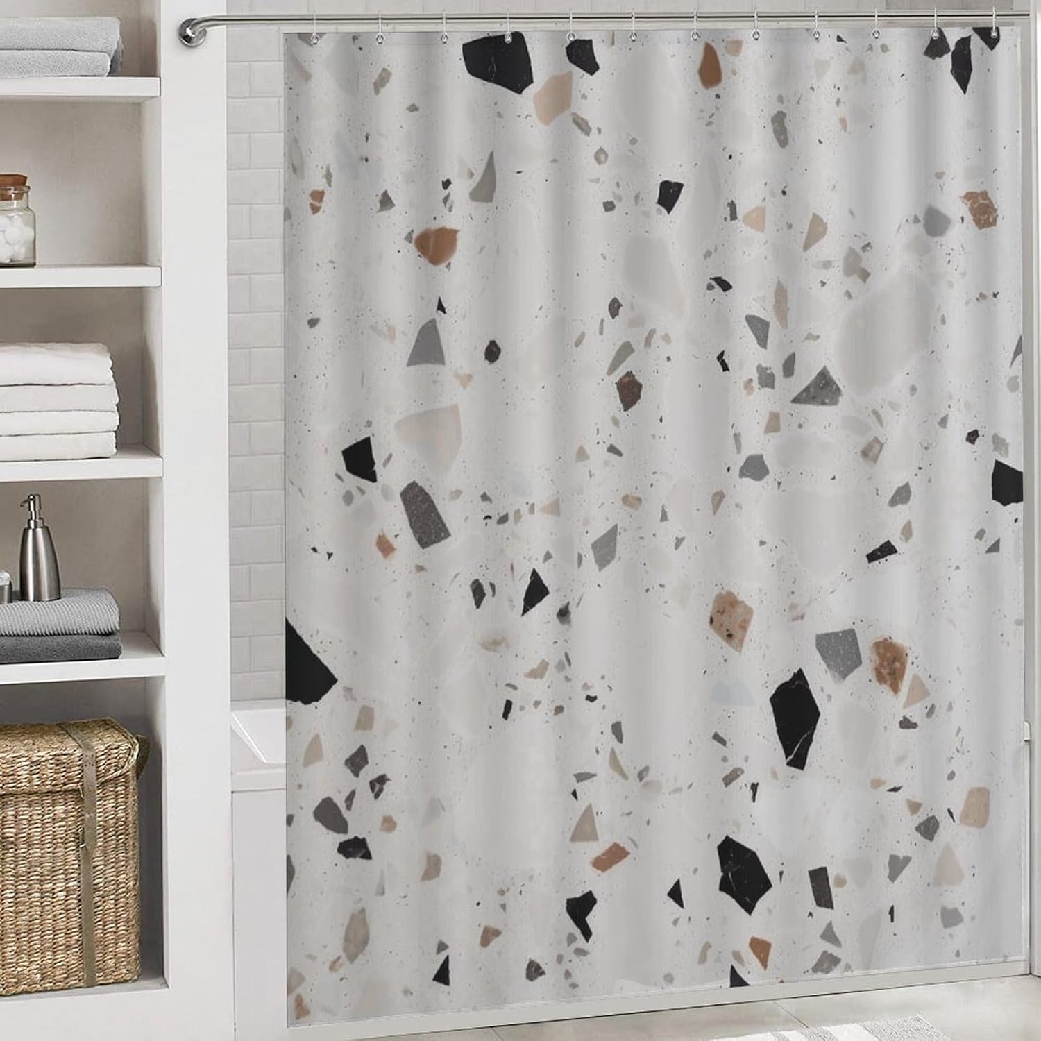 White Terrazzo Shower Curtains Set 4 Piece with Non-Slip Rugs, Toilet Lid Cover and Bath Mat Soft Bathroom Carpet Waterproof Bathroom Curtain with 12 Hooks for Bathroom Decor