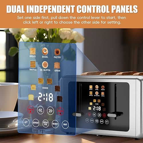 Miniatura 2 de whall Tostadora de pantalla táctil de 4 rebanadas, temporizador digital de acero inoxidable, tostadoras de panel de control doble, 6 ajustes de