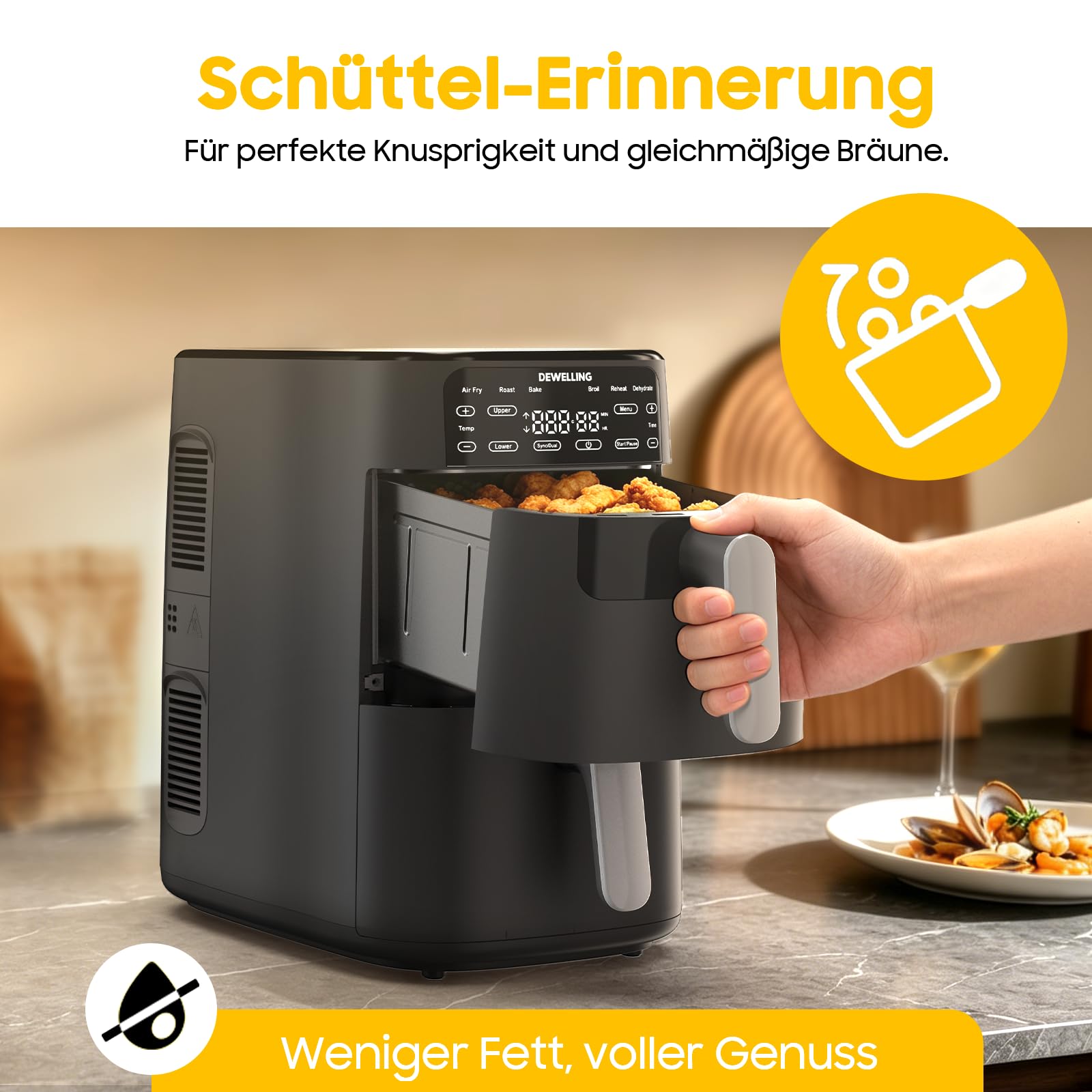 Airfryer 10L Double Stack - 2700W Heißluftfritteuse 2 Kammern, XXL Heissluftfritteuse mit vertikale Doppelkammer, 6-in-1-Funktionen, Max 230°C, PFAS-frei, Spart 50 Prozent Platz, Rezeptbuch