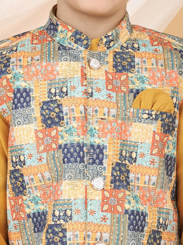 Image of superminis Boys Cotton Printed Full Sleeves Kurta Pyjama with Jacket Ethnic Wear Set