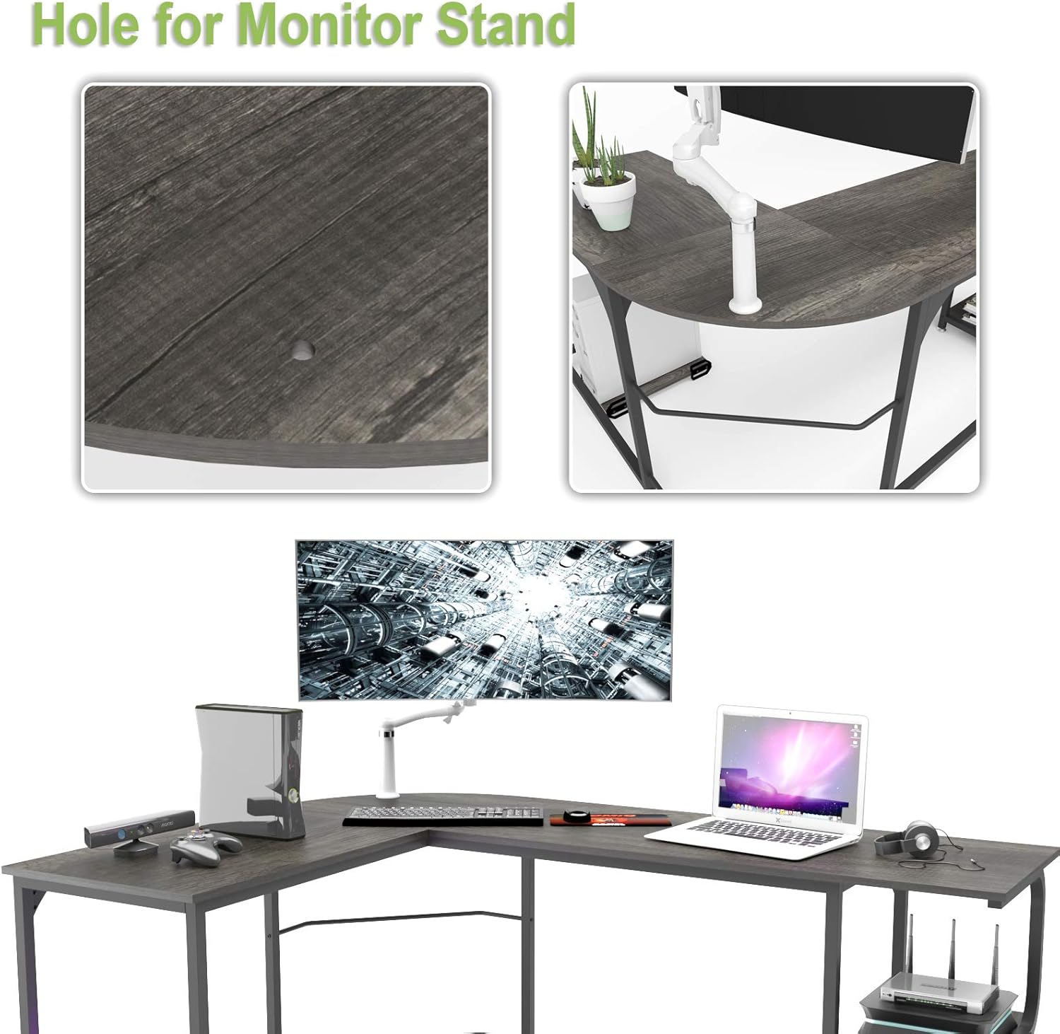 Teraves Reversible L Shaped Desk with Shelves Round Corner Computer Desk Gaming Table Workstation for Home Office : Home & Kitchen