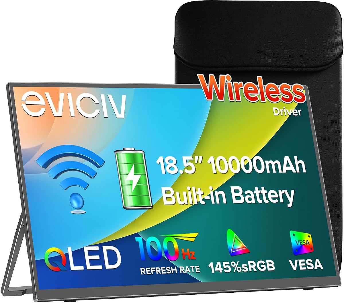 EVICIV Wireless Portable Monitor with 10000mAh Battery, 18.5" 100Hz (2-3H) | Support AirPlay, Miracast, 145% sRGB QLED, USB-C & HDMI, Sleeve & VESA, Second Screen for Laptop, Game Consoles