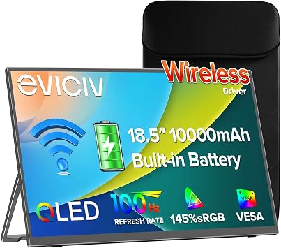 EVICIV Wireless Portable Monitor with 10000mAh Battery, 18.5" 100Hz 3-4H | Support AirPlay, Miracast, 145% sRGB QLED, USB-C & HDMI, Sleeve & VESA, Second Screen for Laptop, Game Consoles