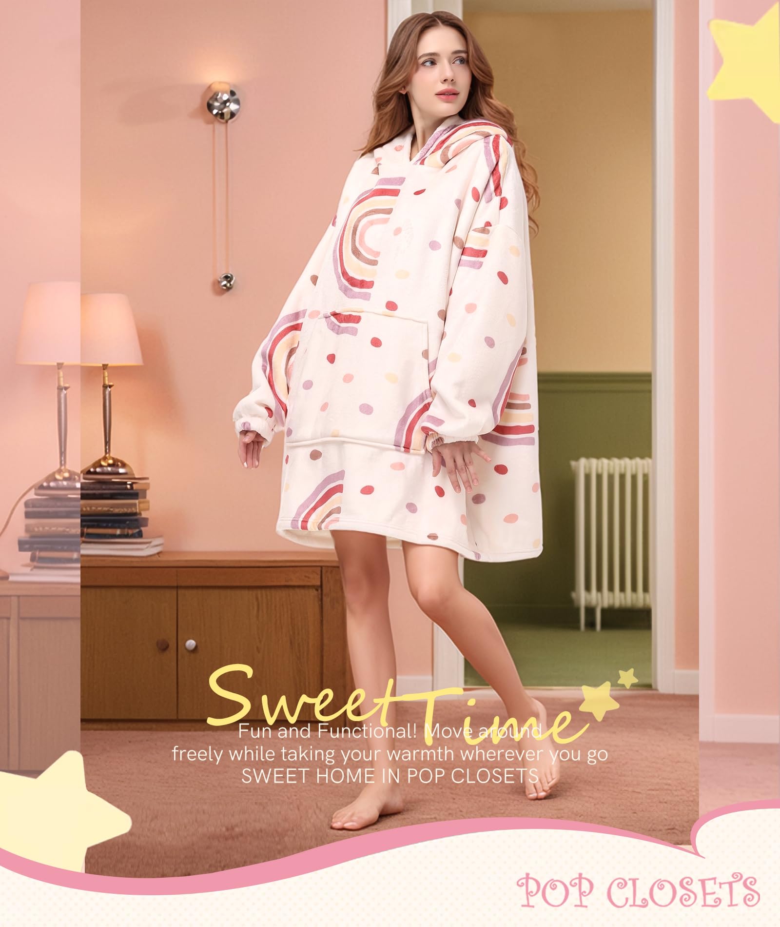 POP CLOSETS Wearable Blanket Hoodie Oversized Sherpa Fleece Sweatshirt Blanket Winter Blanket Hoodie for Adult Pink Rainbow