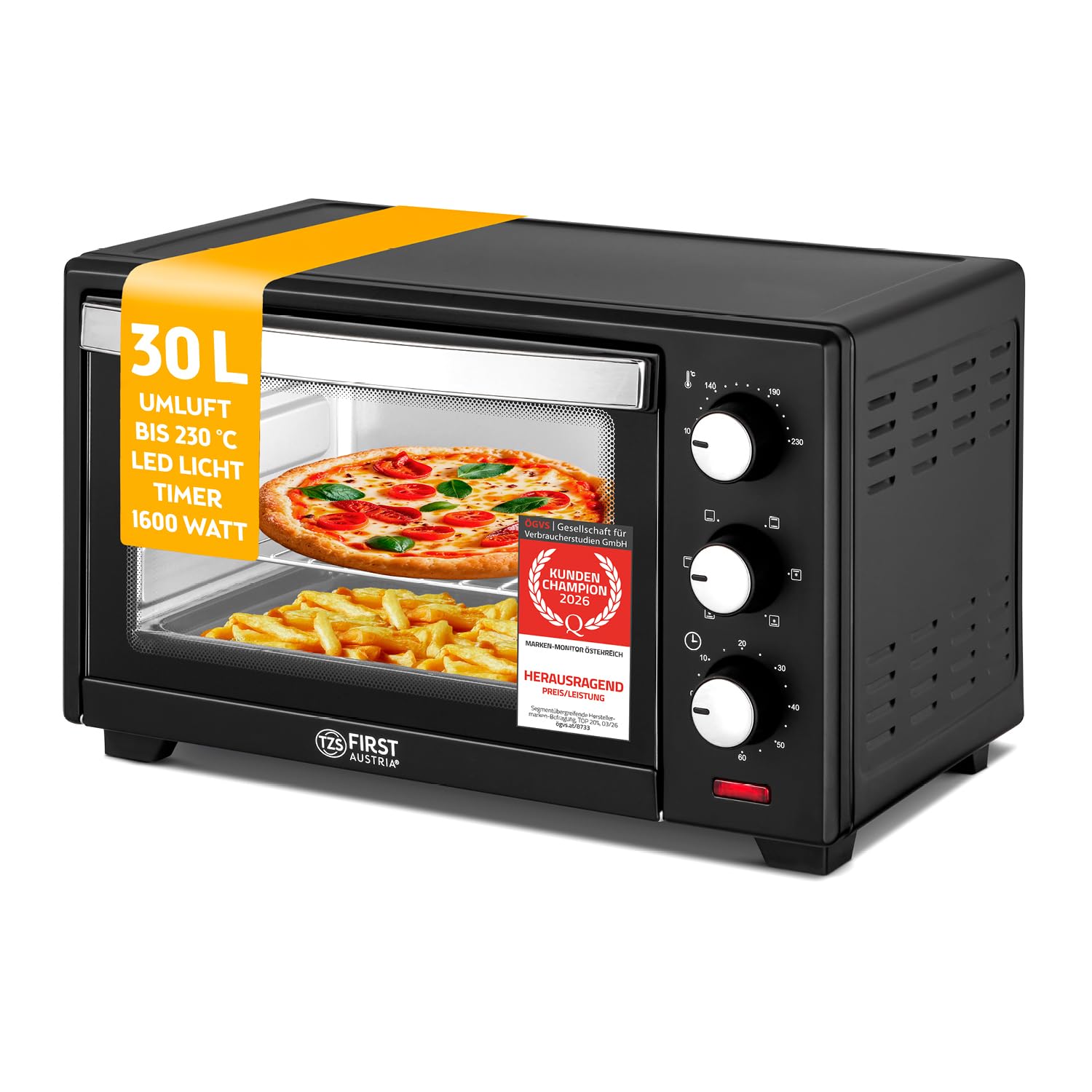 TZS First Austria - Minibackofen 30L 1600W - Mini Backofen stufenlose Temperaturregelung bis 230°C - Miniofen 60 Min. Timer, 3 Einschubhöhen, Backblech & Grillrost - Für kleine Küchen & Camping