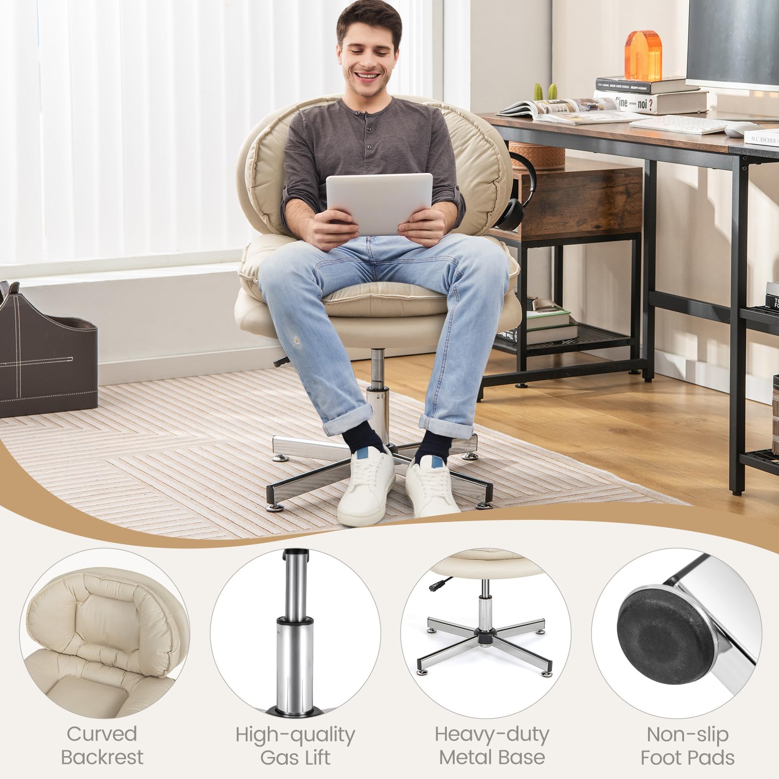 Sedia Ufficio Girevole Beige Senza Ruote, Regolabile In Altezza, Con Schienale Imbottito – Portata 150 Kg - 6