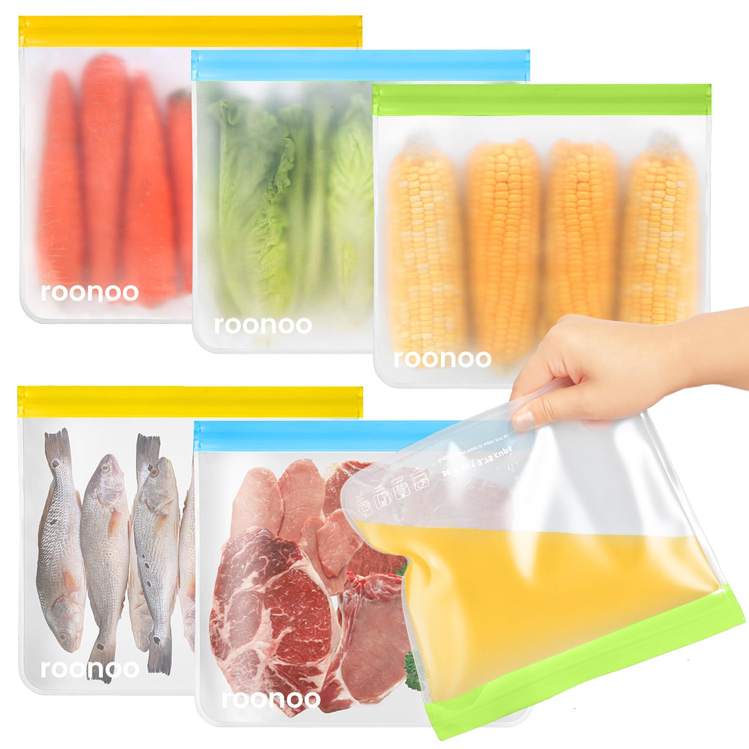 roonoo 6 Pack Dishwasher Safe Reusable Gallon Freezer Bags, Food Storage Bags, Extra Thick Leakproof Silicone & Plastic Free Ziplock Bags for Meal Prep, Fruits, Sandwich, Snack, Travel Items