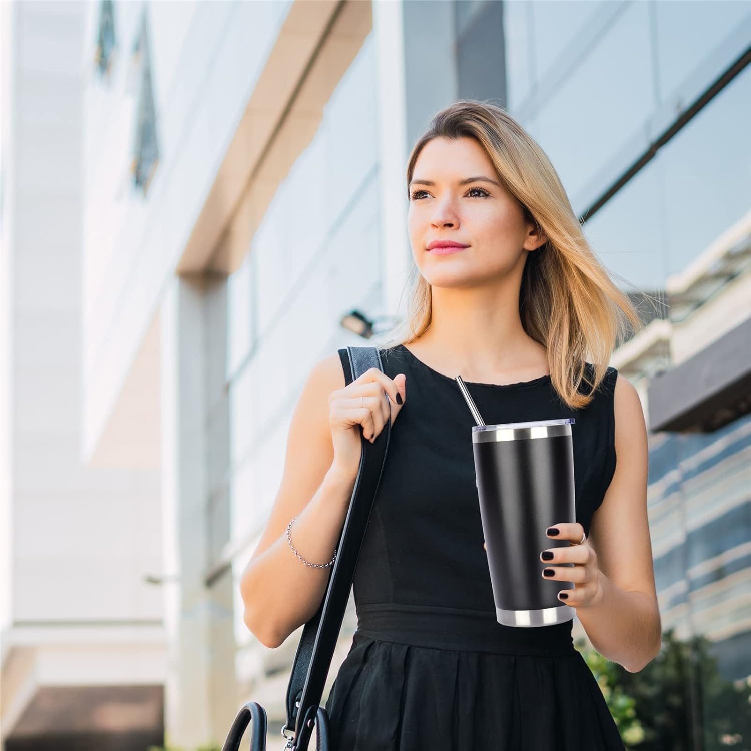 Pandance 20oz Stainless Steel Insulated Tumblers with Lid and Straw Bulk, Double Wall Vacuum Water Cups for Hot & Iced Coffee Drinks Travel Mug (Black, 12 pack)