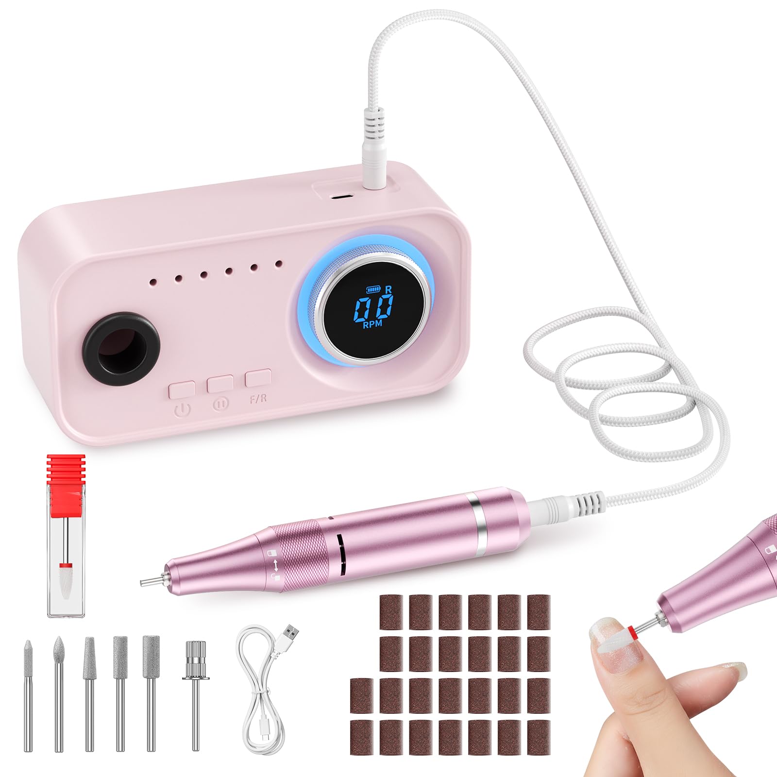 Fresa per Unghie Professionale 36000 RPM, 4000 mAh, Portatile Lima Elettrica per Unghie Con 12 Testine Di Levigatura, Display LCD Ricaricabile Batteria Design, Rotazione Bidirezionale (Rosa)