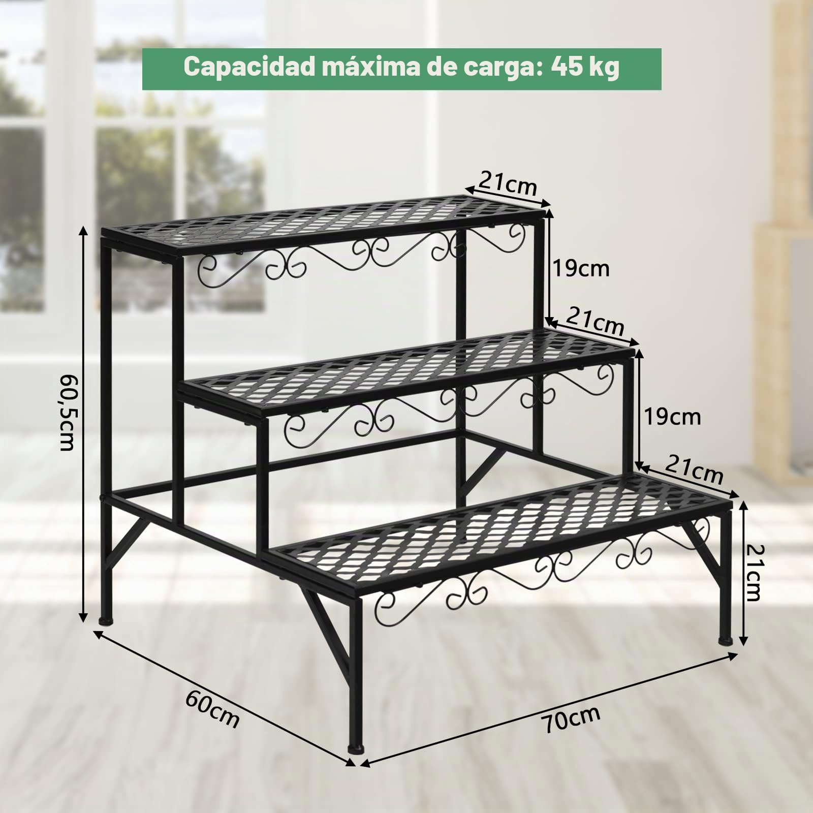 GOPLUS Soporte de metal para plantas, 3 niveles, escalera para flores, escaleras para plantas, para jardín, balcón, negro, 70 x 60 x 60,5 cm (rectangular con diseño)