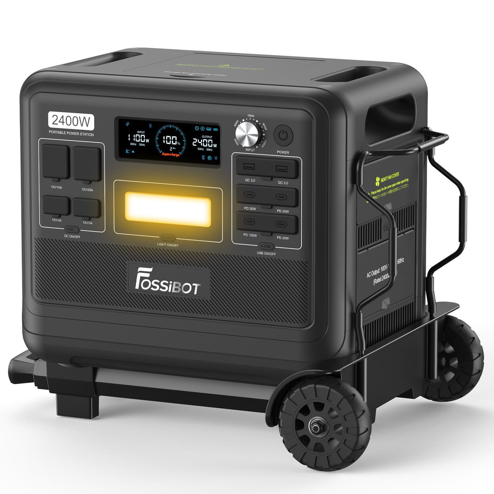 FOSSIBOT Portable Power Station With Hand Truck Solar Generator with 2400W 6 X AC 4800W Peak 2048Wh 110V